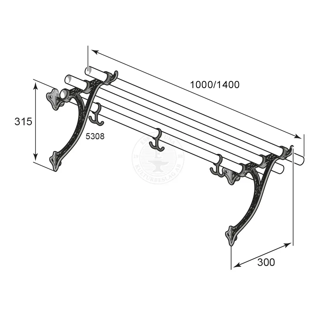 Gysinge hattehylle eik 5308 forniklet 100 cm 3 kroker